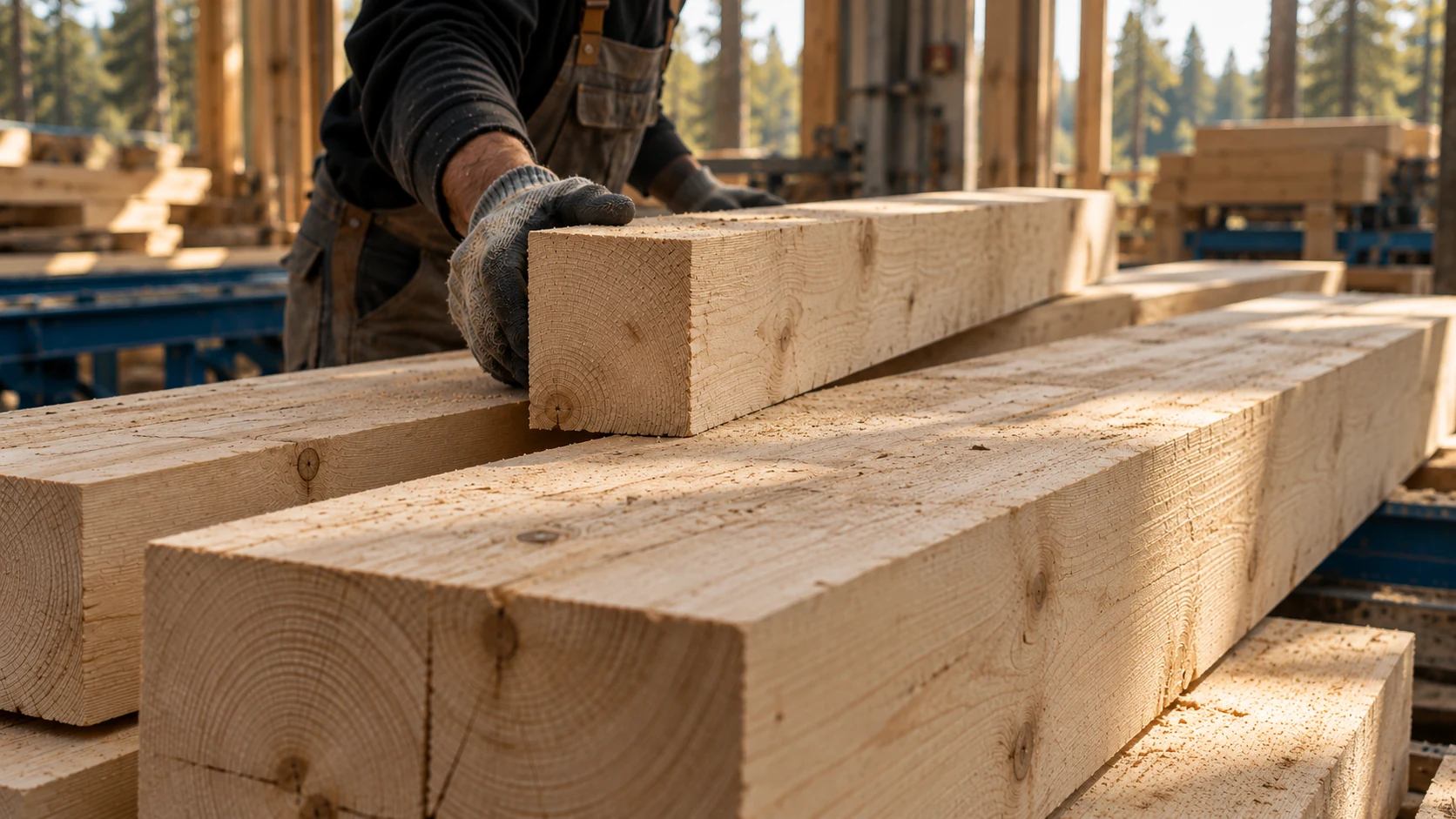 Mitarbeiter platziert einen massiven Holzbalken in einer Werkhalle