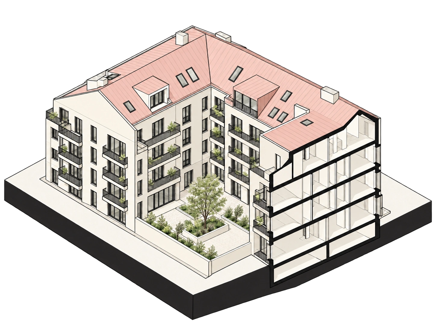 Freigestellte axonometrische Architekturillustration eines Wohngebäudes mit begrüntem Innenhof und Dachgeschoss