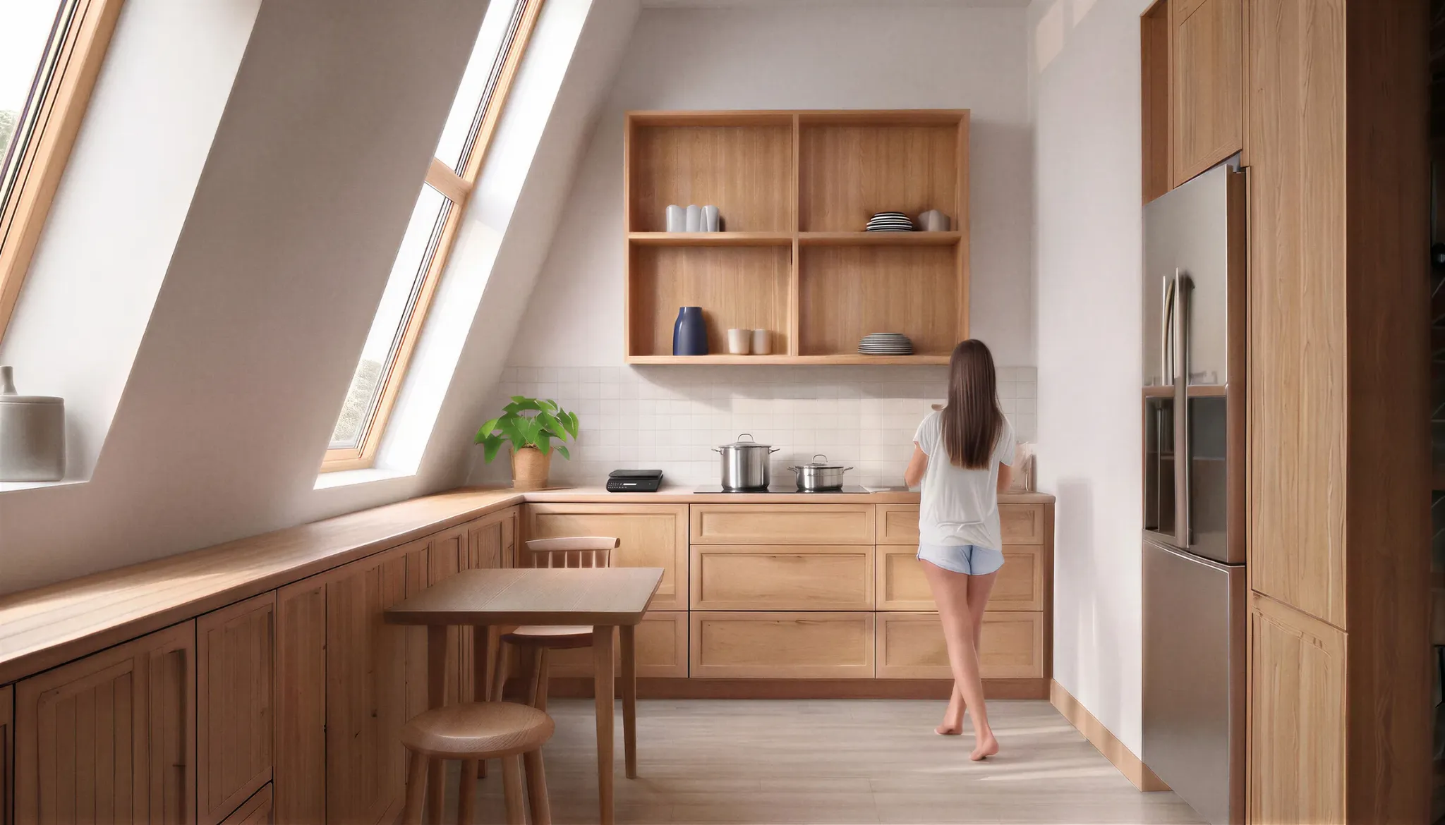 Architektonische Impression einer Wohnküche im Dachgeschoss mit Alltagsszene