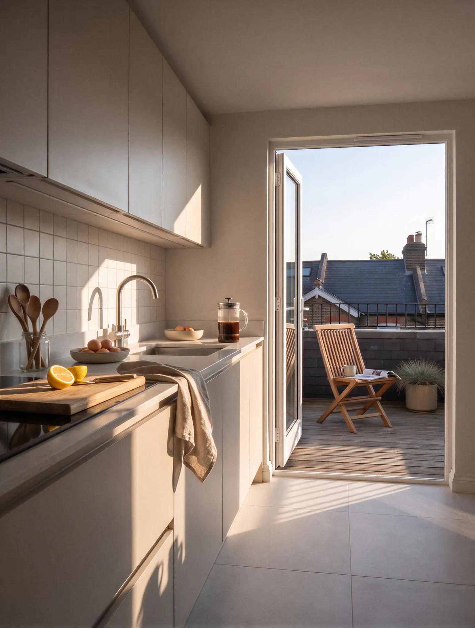 Architektonische Impression einer hellen Küche mit direktem Zugang zur Dachterrasse